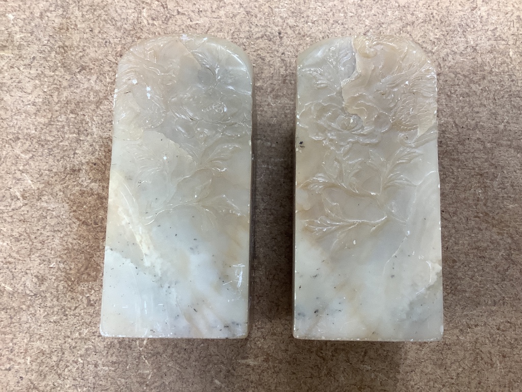 Two Chinese square soapstone seals, height 7cm